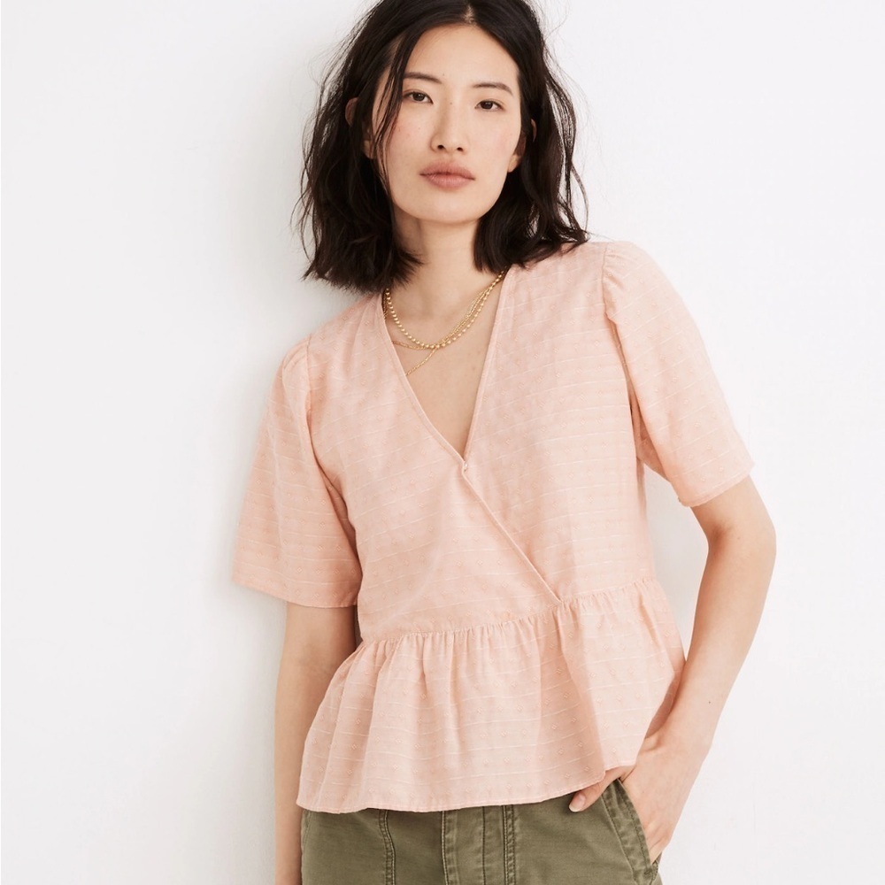 Madewell Crossover Peplum Top Antique Coral Short Sleeve V-Neck Size XS Cotton